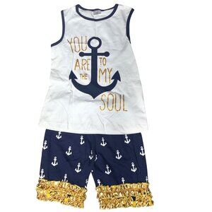 Anchor Graphic Top & Ruffle Shorts Toddler Girls Size M Navy/White Gold Trim